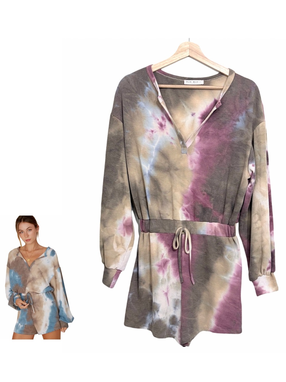 Blue Blush Multi-color Tie-dye Waffle Knit Romper V-Neckline Drawstring Small